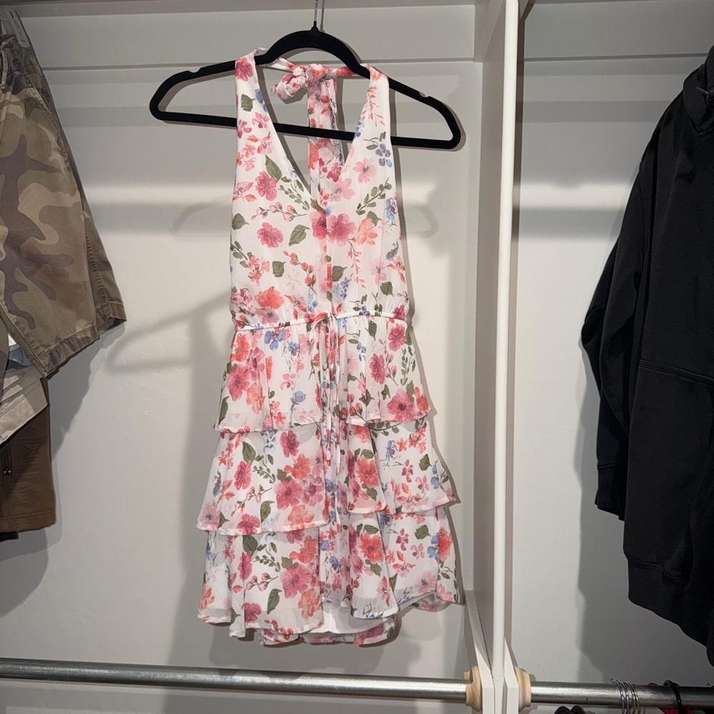 Trixxi White Floral Halter Dress with Pink & Green Accents